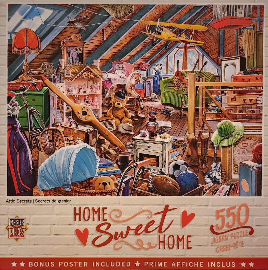 A cluttered, nostalgic attic filled with vintage toys, sports equipment, and nostalgic trinkets.