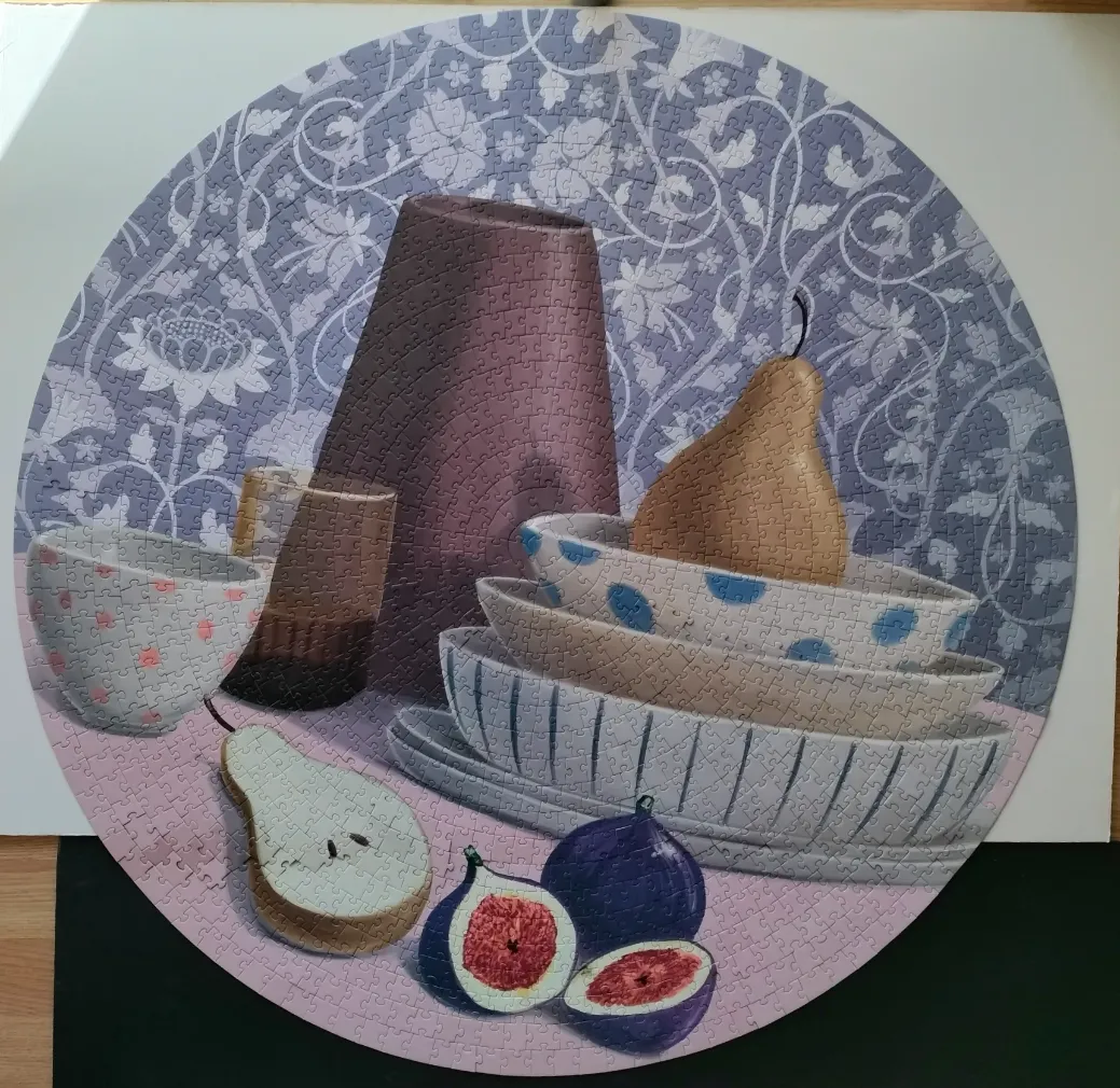 A circular still life illustration featuring a stack of bowls, a pear, figs, and a vase against a floral patterned background