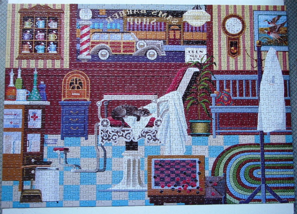 Illustration of a nostalgic 1950s-style barber shop with a cat sleeping in the chair.