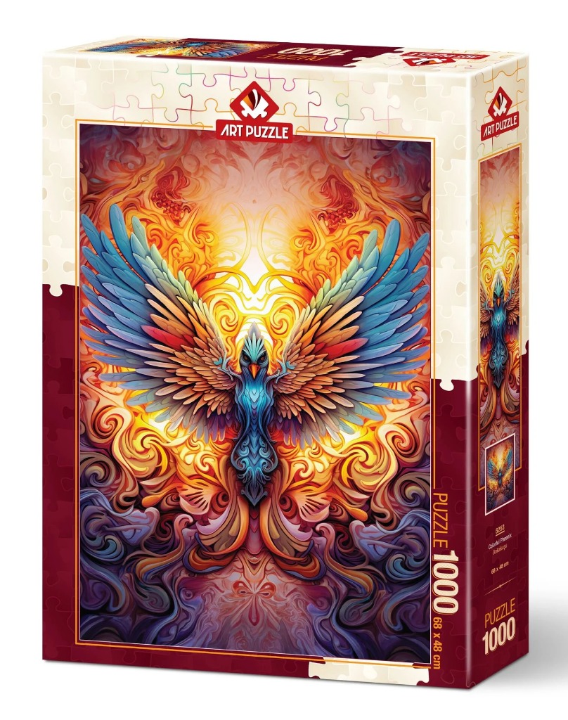 A stylized, vibrant digital illustration of a phoenix rising from swirling orange, red, and purple flames.