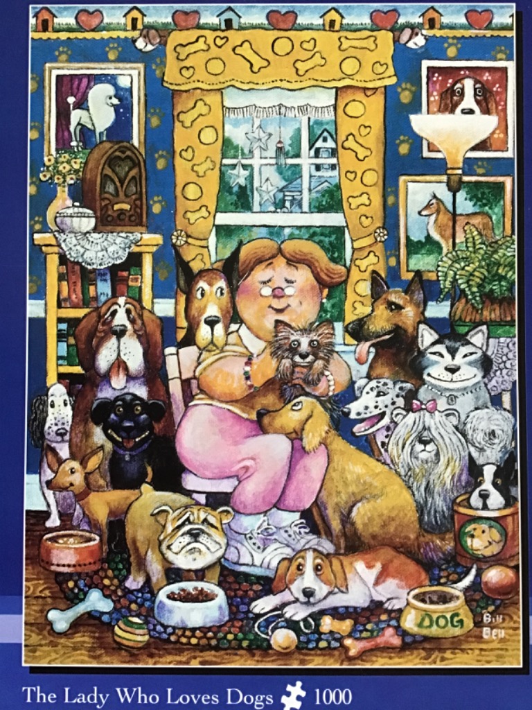 A whimsical illustration of a woman sitting in a room filled with many different breeds of dogs.