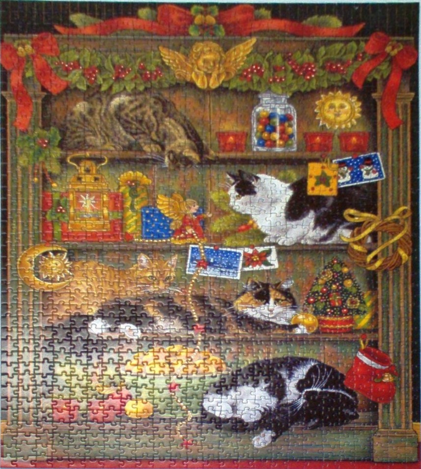 Illustration of cats relaxing on Christmas-decorated wooden shelves