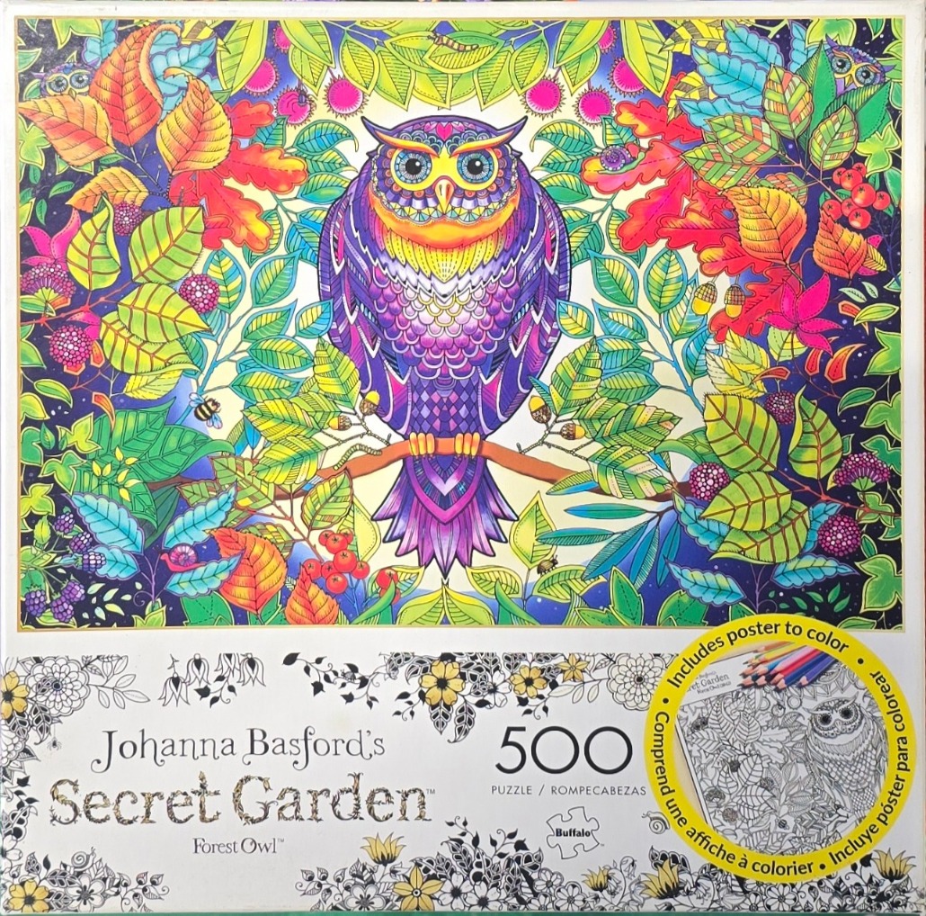 A vibrantly colored illustration of an owl perched in a stylized forest of leaves, flowers, and berries.