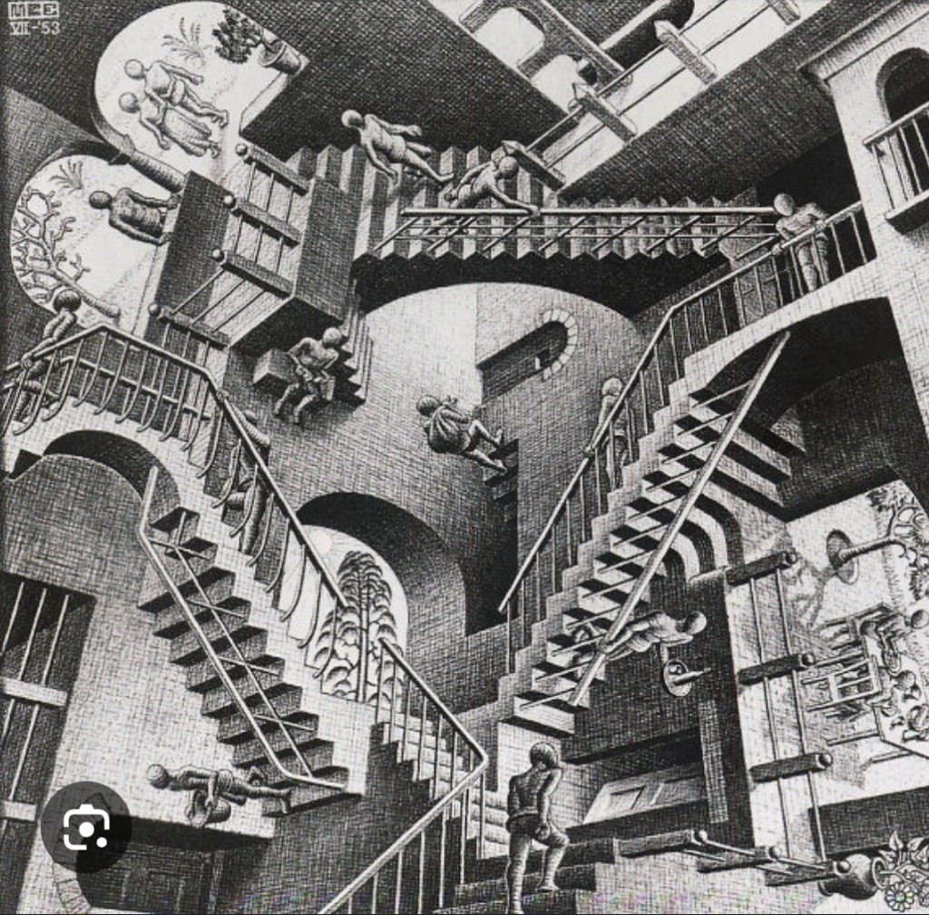 An Escher-style lithograph showing figures navigating a gravity-defying, multi-level architectural staircase.