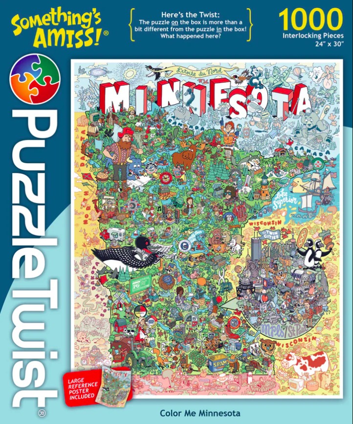 Cartoon map of Minnesota featuring landmarks, animals, and humorous characters.