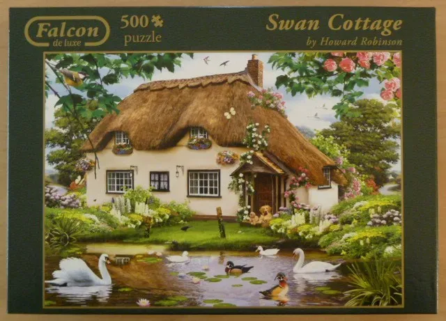 A thatched-roof cottage garden scene with swans and ducks in a pond in front.