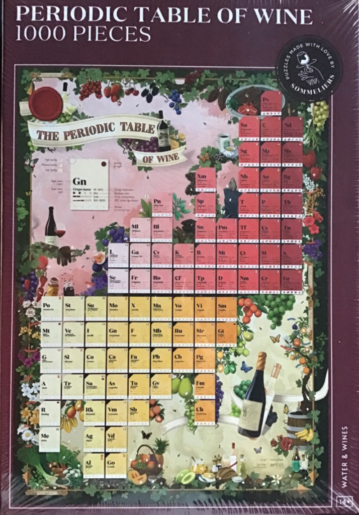 An illustration of a periodic table themed around different types of wine, surrounded by lush botanical and fruit imagery.