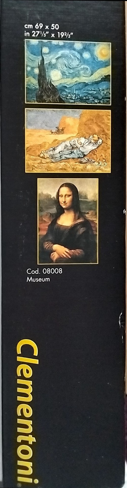 Vertical orientation featuring three stacked classic paintings: Starry Night, Noon: Rest from Work, and the Mona Lisa.