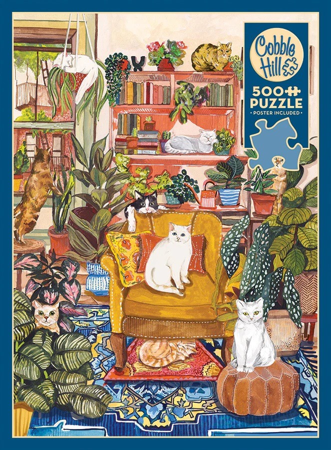 An illustration of several cats relaxing in a cozy, plant-filled living room.