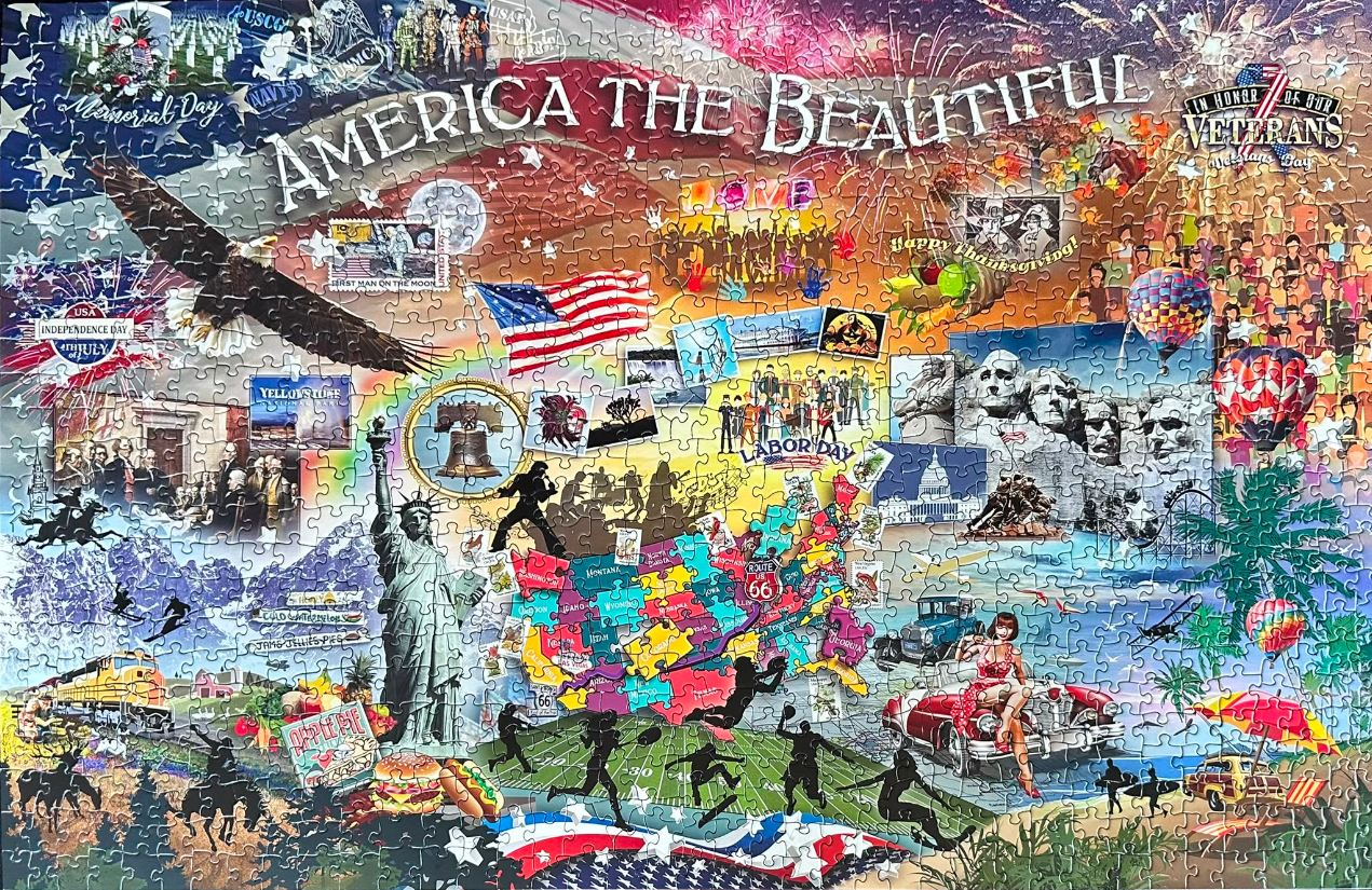 A vibrant montage depicting American culture, history, and landmarks under the title America the Beautiful.