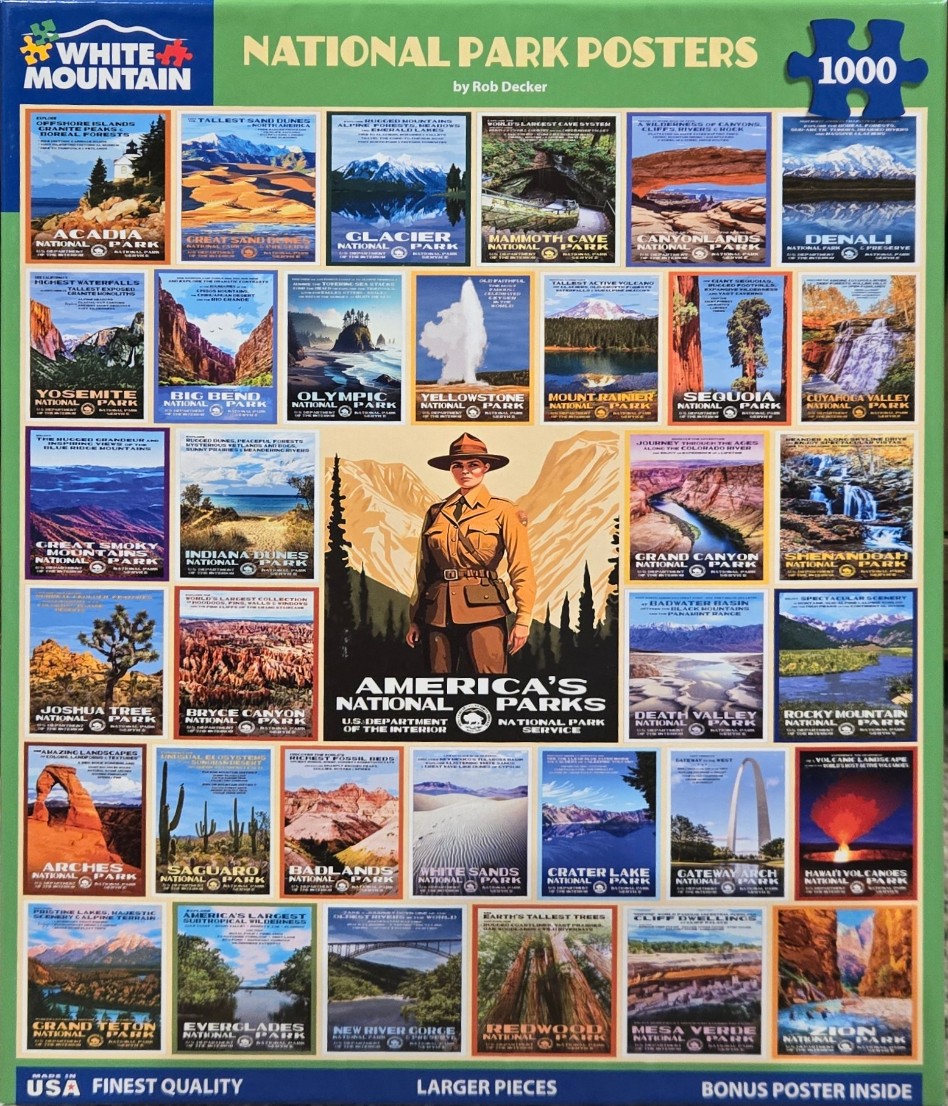 A montage of stylized vintage-style travel posters for various US National Parks surrounding a central park ranger.