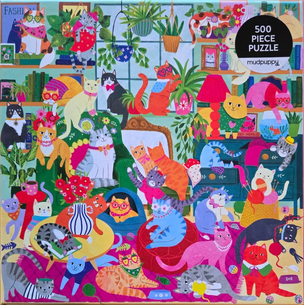A vibrant, whimsical illustration of many colorful cats playing and lounging in a cluttered, plant-filled living room.
