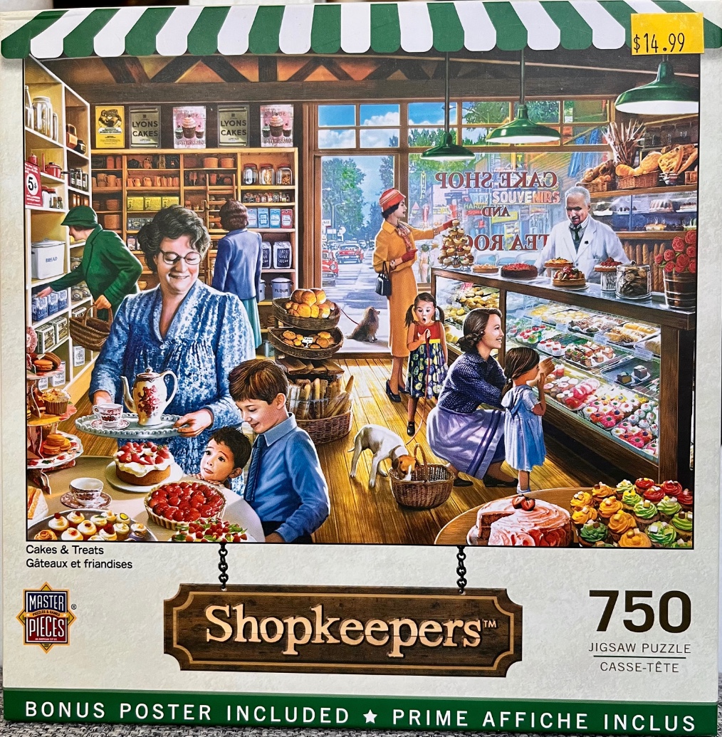 An illustration of a bustling bakery interior with people shopping for cakes and pastries.