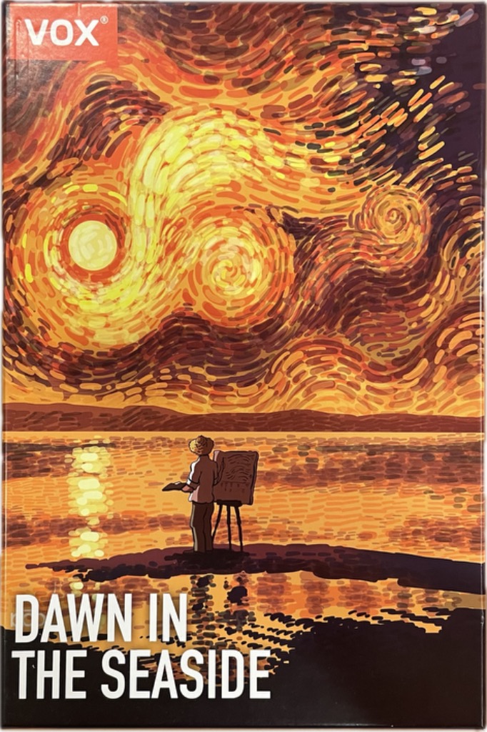 An illustration of an artist painting a vibrant, swirling orange sunrise over a calm, reflective sea.