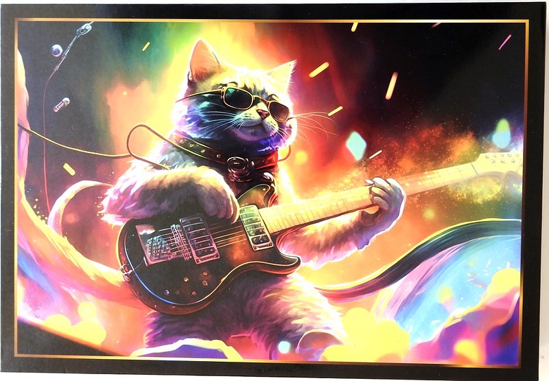 A cool cat wearing sunglasses plays an electric guitar against a vibrant, cosmic background of neon lights.
