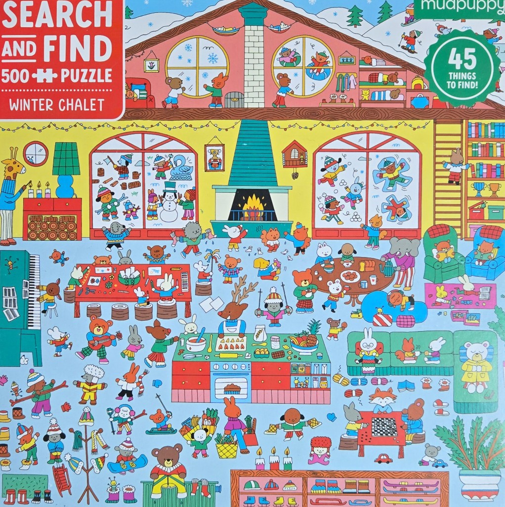 A busy, cartoon-style illustration of an anthropomorphic animal winter chalet filled with characters and activities.