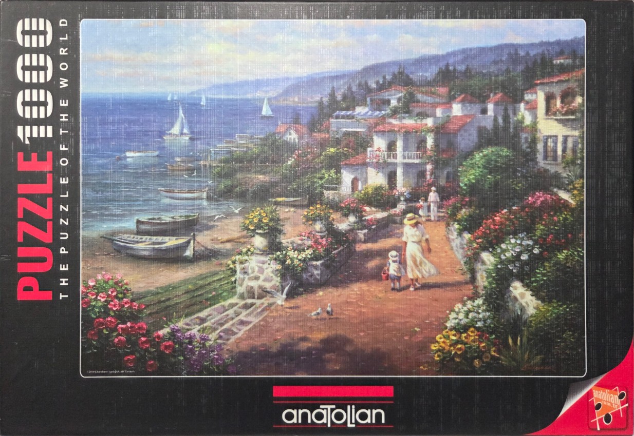 Impressionistic Mediterranean coastal scene with a seaside path, white villas, sailboats, and a mother and child walking.