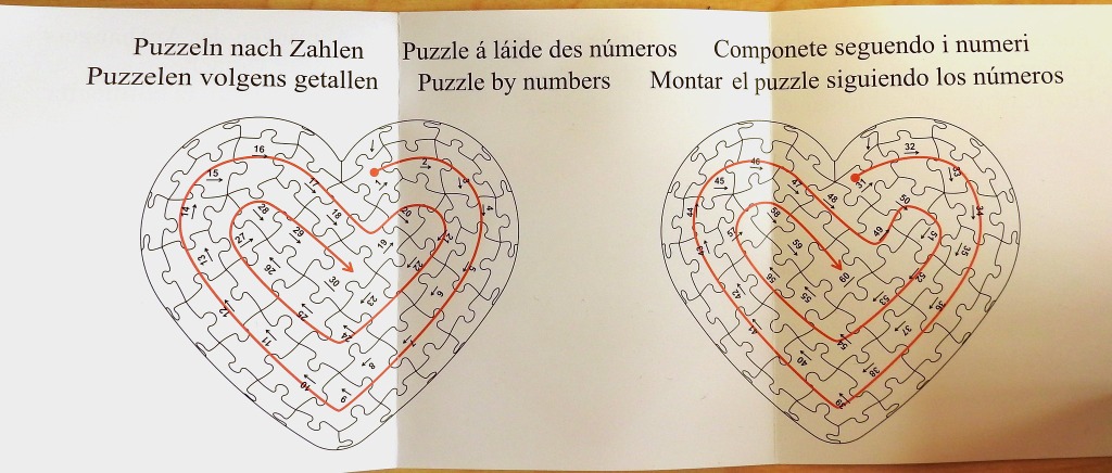 Instructional diagram with two heart-shaped outlines containing numbered pieces and a red path sequence.