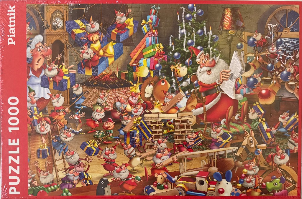 A whimsical illustration of Santa Claus, Mrs. Claus, and many elves in a chaotic workshop preparing for Christmas.