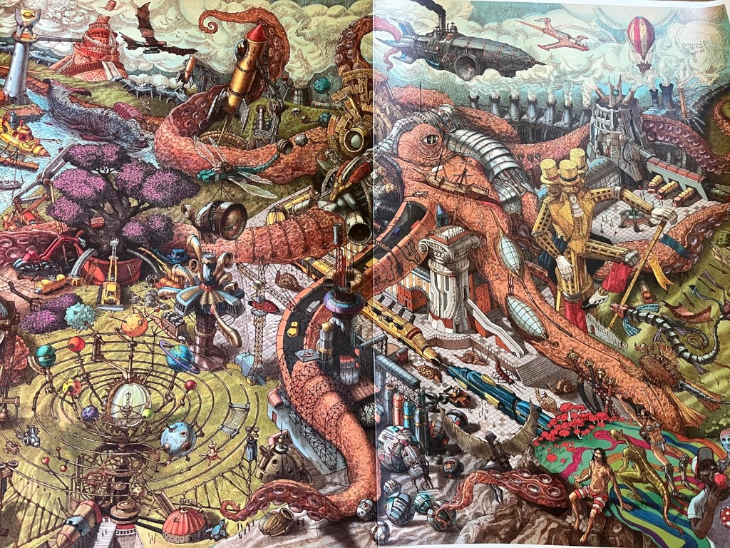 A complex steampunk-style illustration featuring giant octopuses, mechanical machinery, and surreal landscapes.