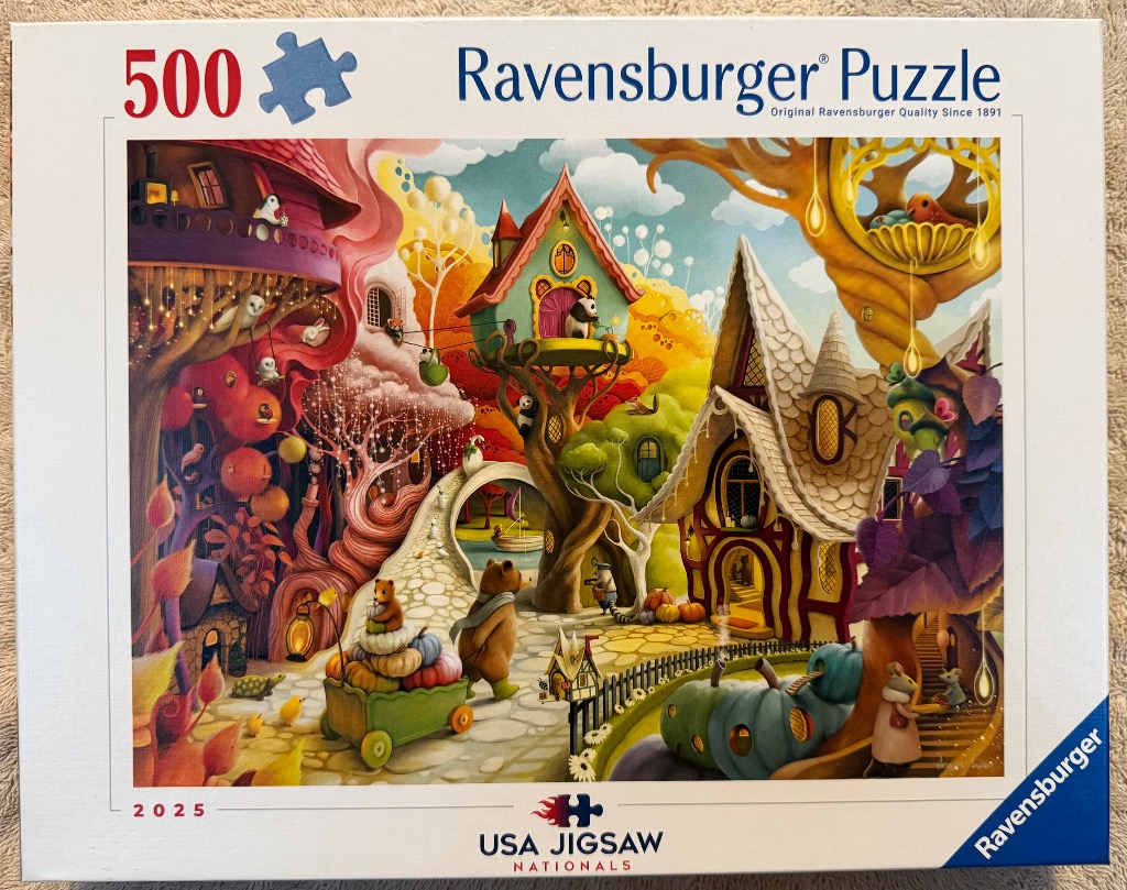 Whimsical autumn village illustration featuring cozy tree houses, anthropomorphic animals, and a pumpkin-filled pathway.