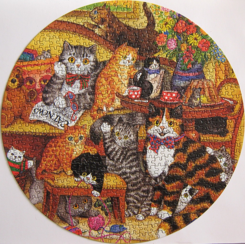 A circular illustration featuring numerous colorful cats gathered in a cozy, cluttered room.