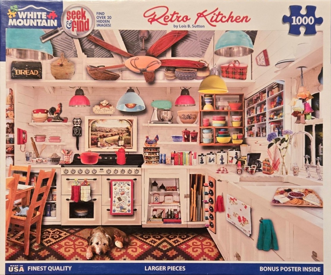 A detailed illustration of a cozy, cluttered, and colorful vintage-style kitchen.