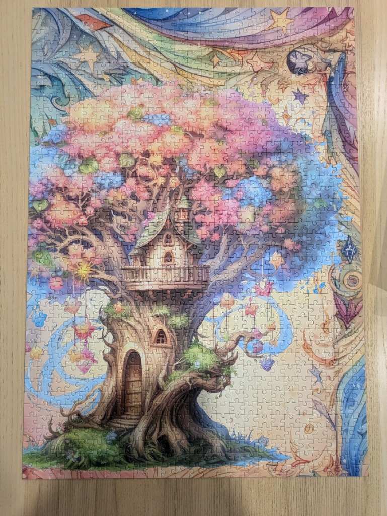 Fantasy illustration of a fairy-tale treehouse dwelling nestled in a massive, colorful, blossoming tree.