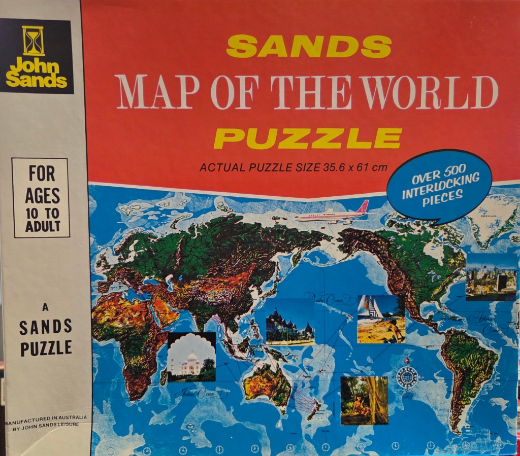 A vintage-style world map illustration with thematic inset photographs and a commercial airplane graphic.