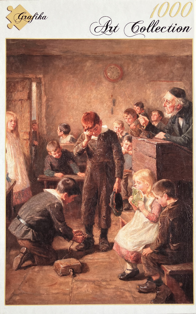 An oil painting of a 19th-century one-room schoolhouse scene where a young boy is being disciplined.