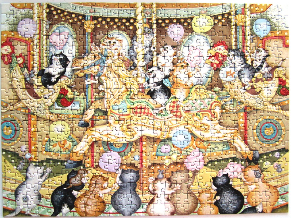 A whimsical illustration of many cats riding and playing around a golden carousel.