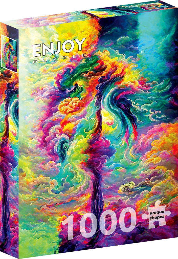 Abstract digital painting of swirling, psychedelic rainbow-colored clouds forming a tree-like shape.