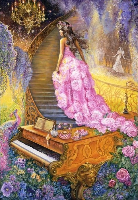 A woman in a pink floral gown walking up a grand staircase near an ornate piano surrounded by flowers and a peacock.