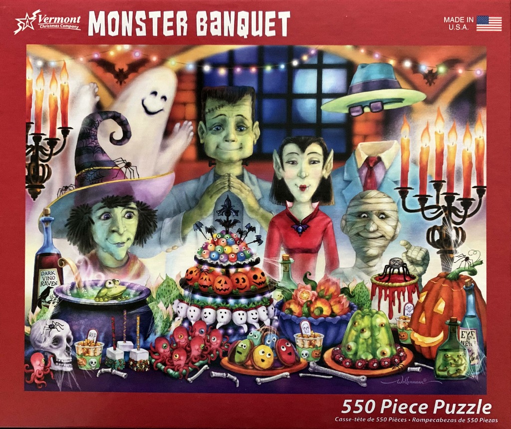 A whimsical Halloween banquet featuring a group of friendly monsters gathered around a table laden with spooky treats.