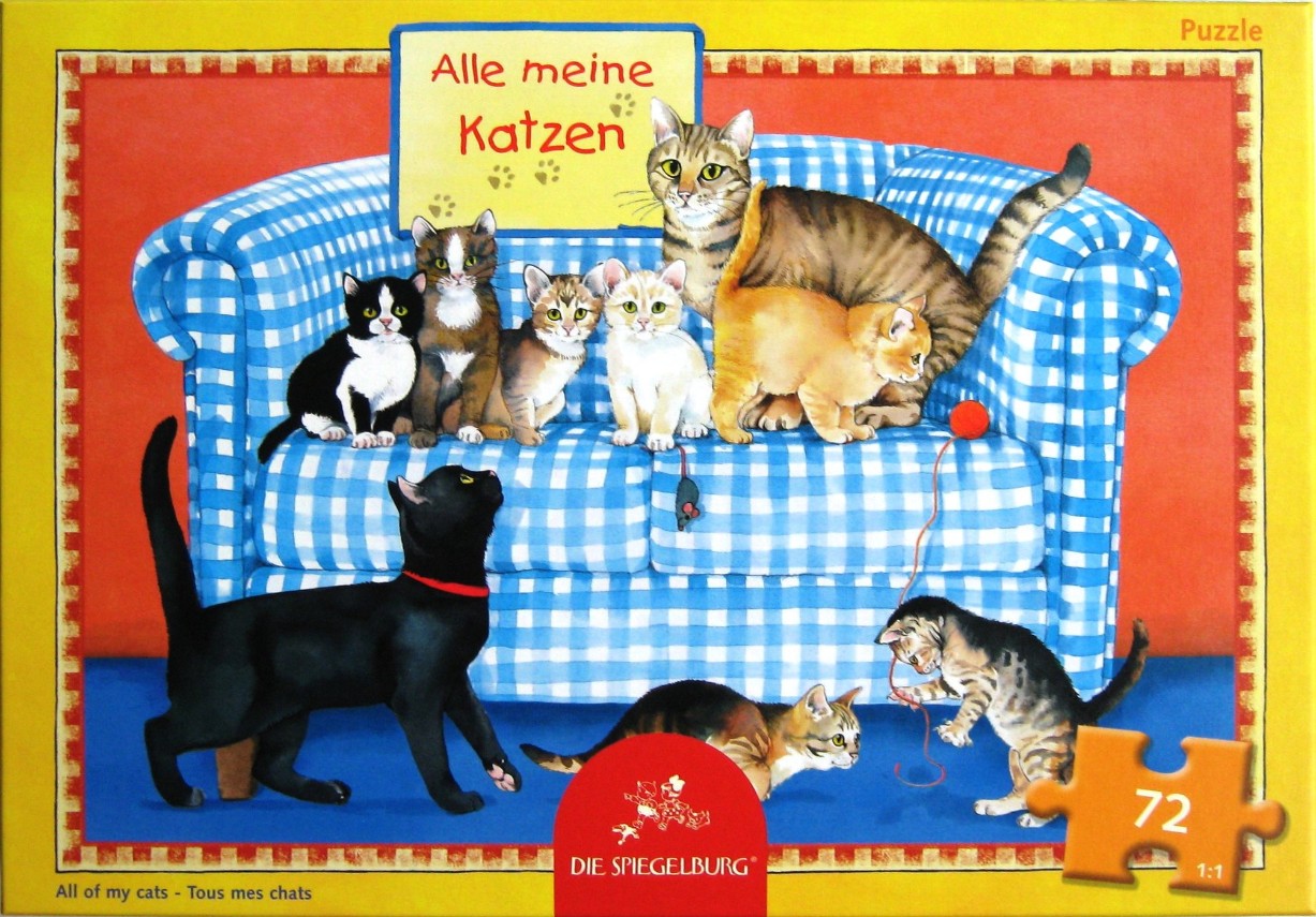 Illustration of nine cats in various colors and breeds lounging on and around a blue and white checkered sofa.