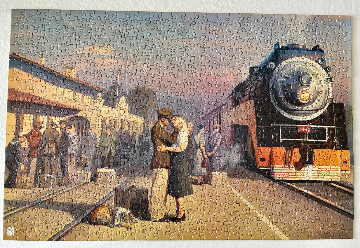 A nostalgic painting of a soldier kissing a woman goodbye at a train station platform.