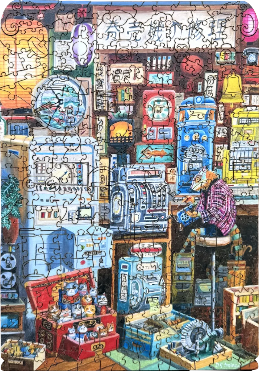 An illustration of a cluttered vintage repair shop filled with mechanical devices and anthropomorphic cat shopkeepers.