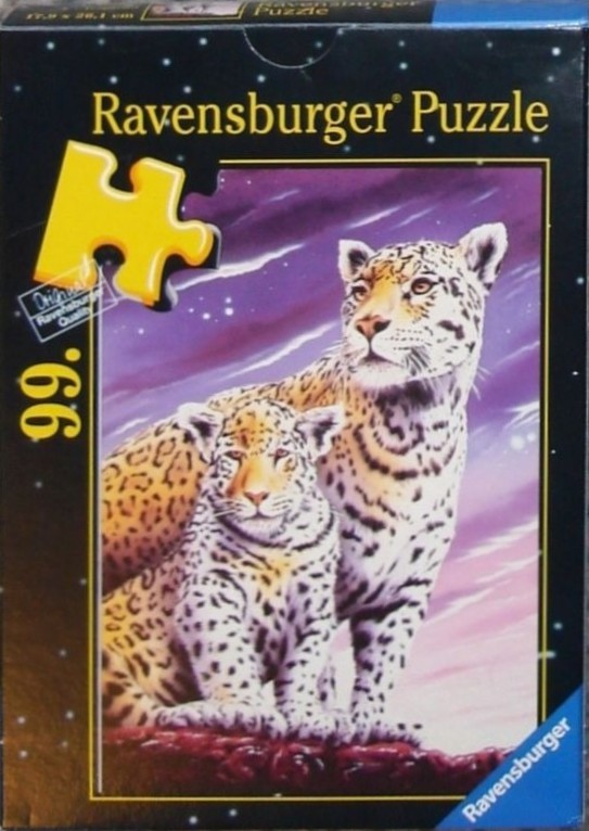 A mother leopard and her cub portrayed in a painted style against a vibrant purple sunset background.