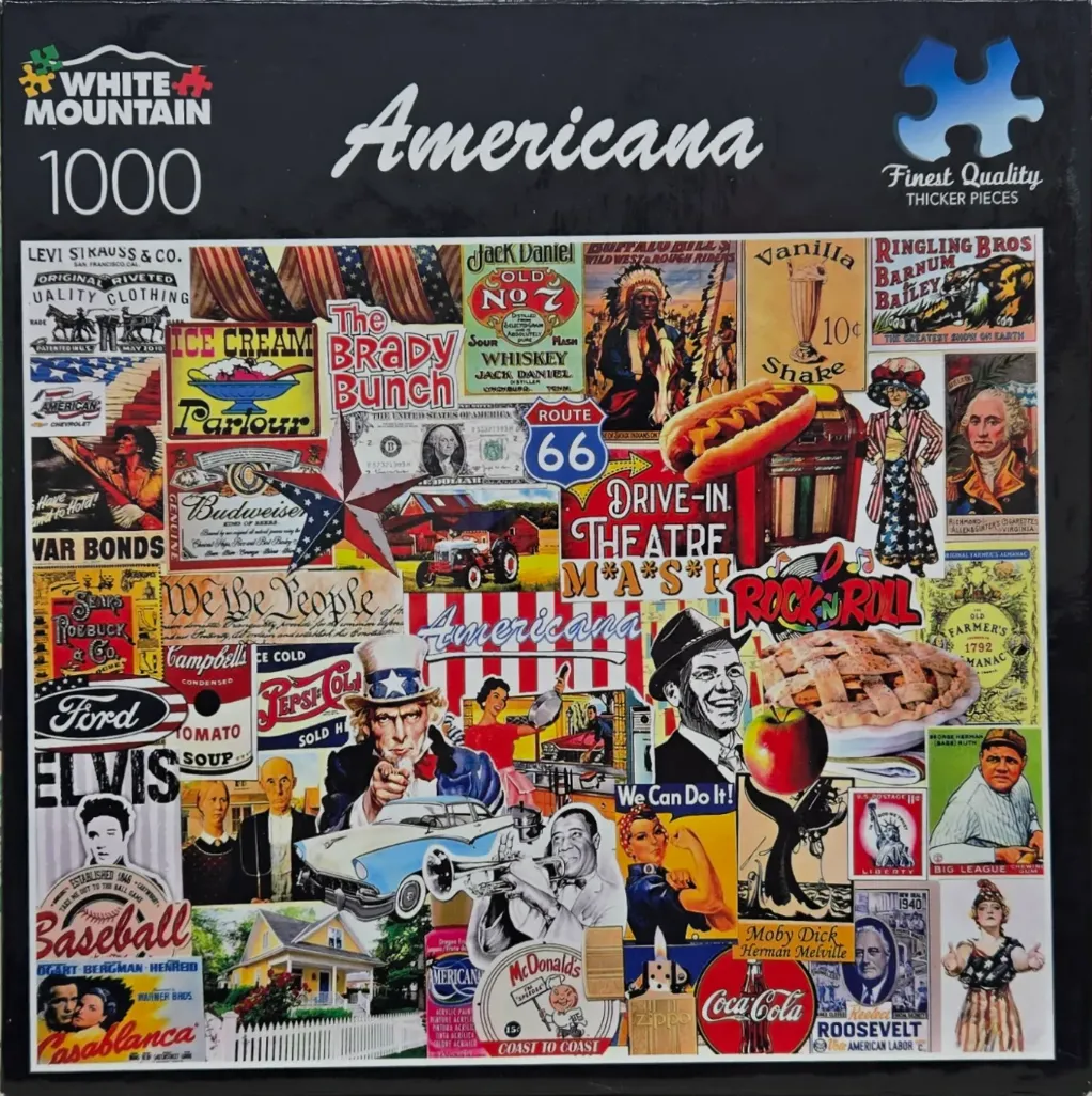 A collage of various Americana-themed vintage advertisements and cultural icons.