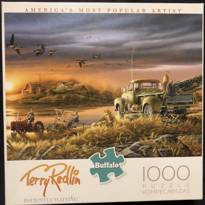 A scenic painting of a sunset over a marsh with two hunters, dogs, and a vintage truck.