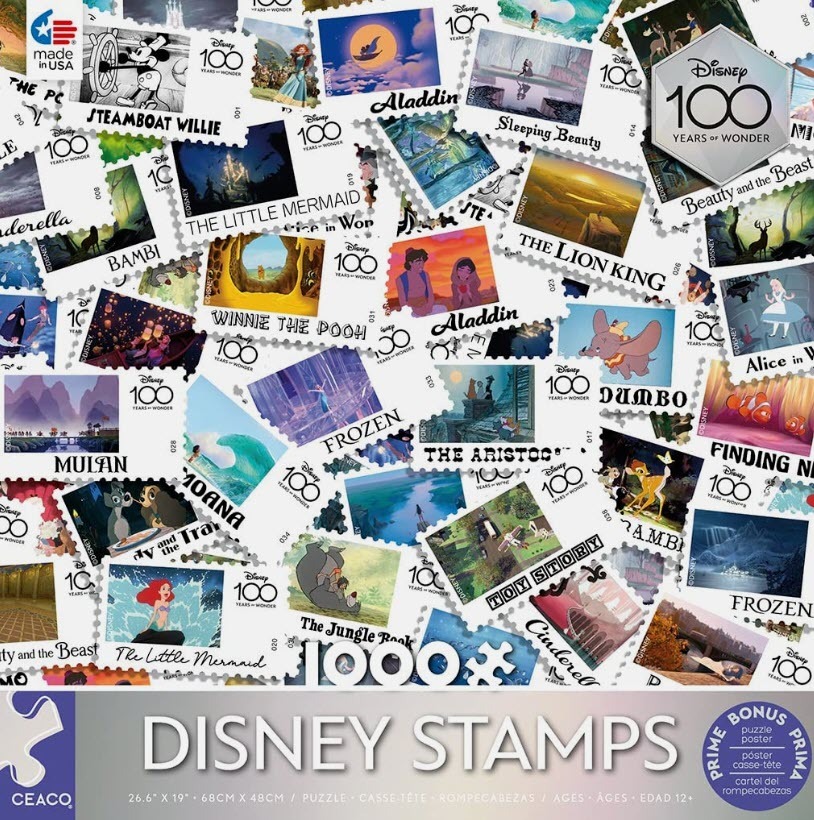 A collage of vintage-style postage stamps featuring scenes and characters from various Disney animated films.
