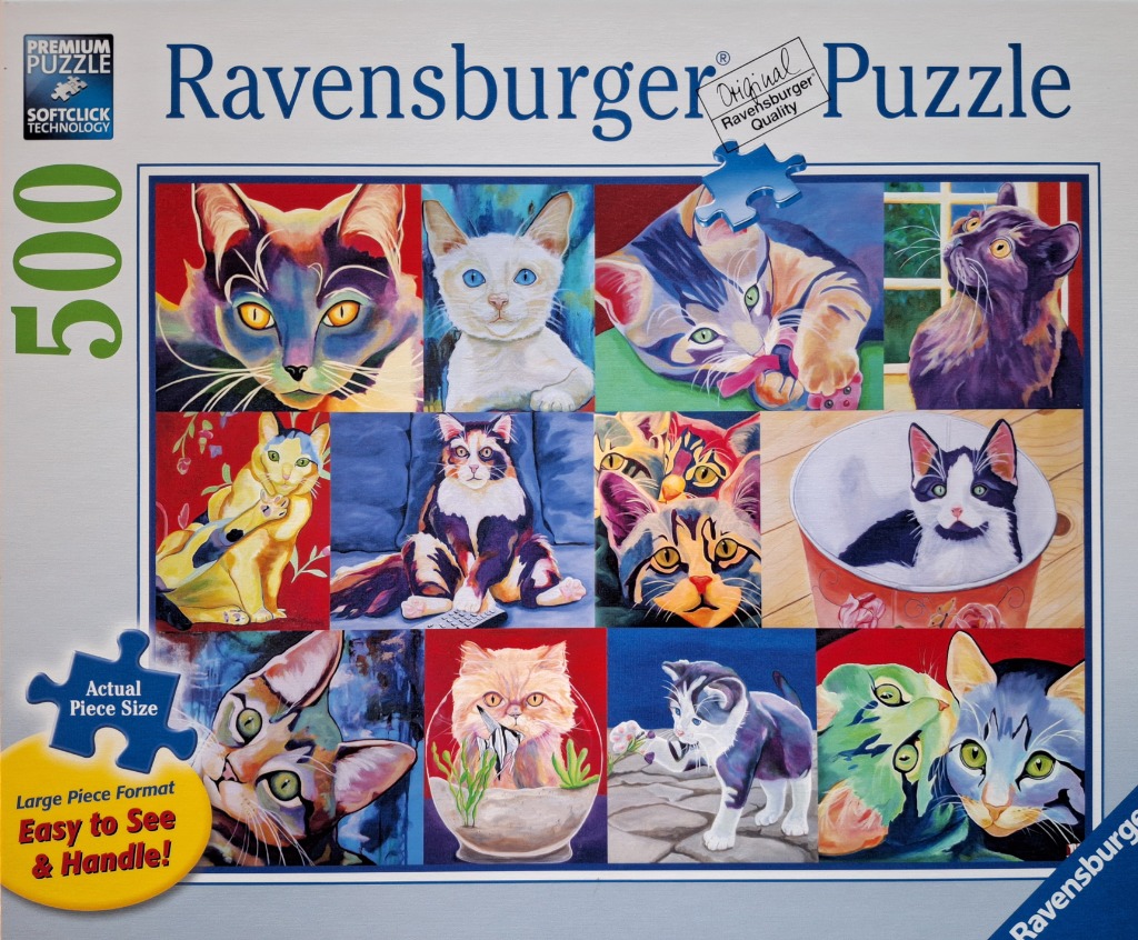 A collage of twelve colorful, stylized oil-painted portraits of domestic cats in various poses and settings.