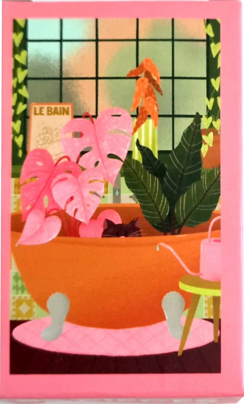 An illustrated black cat peeks out from a large orange bathtub filled with pink monstera leaves and green houseplants.
