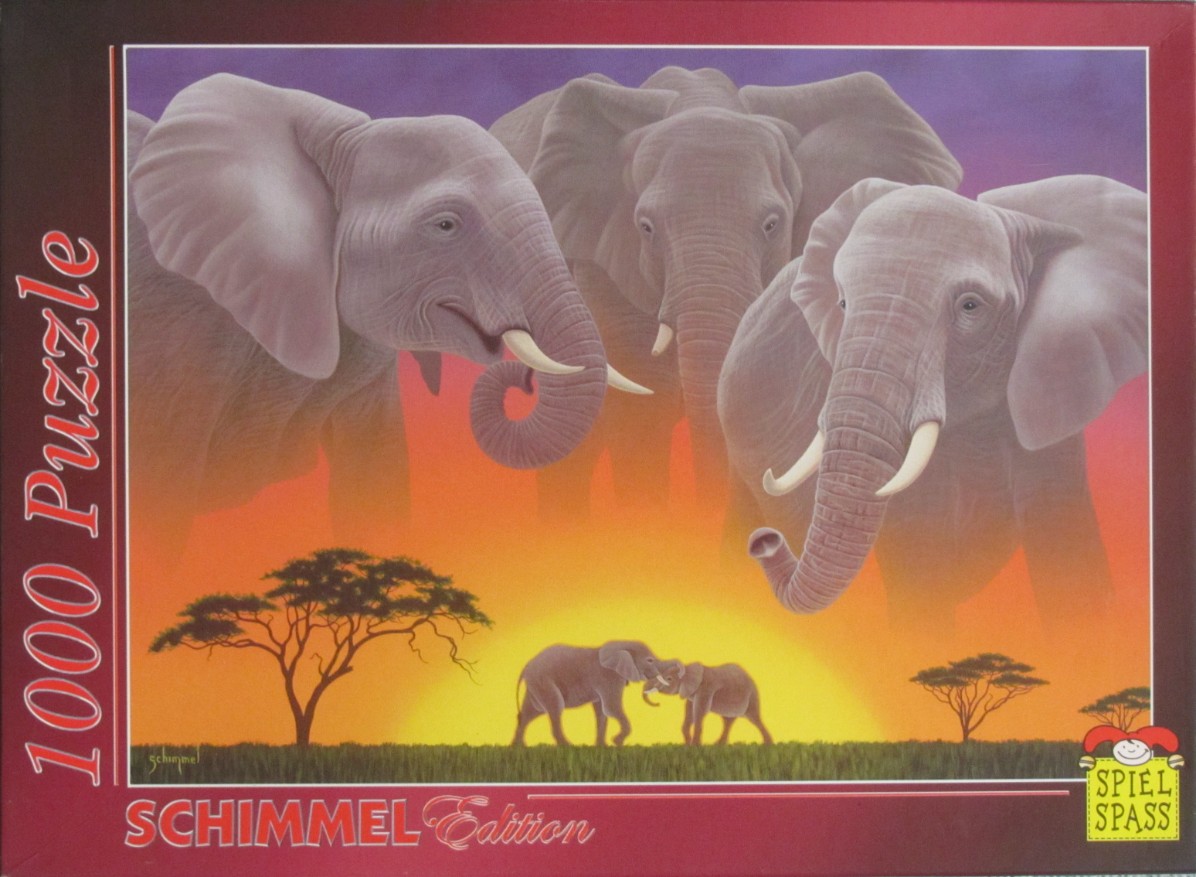 Painting of three large elephants looming over a savanna landscape with a smaller elephant pair at sunset.