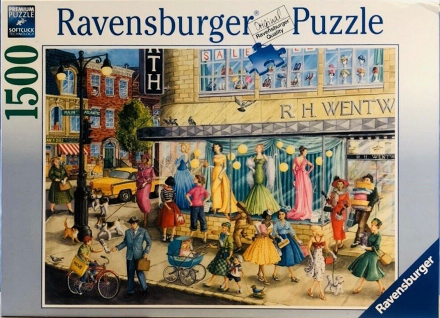 A nostalgic street scene featuring women in 1950s fashion browsing outside a dress shop window.