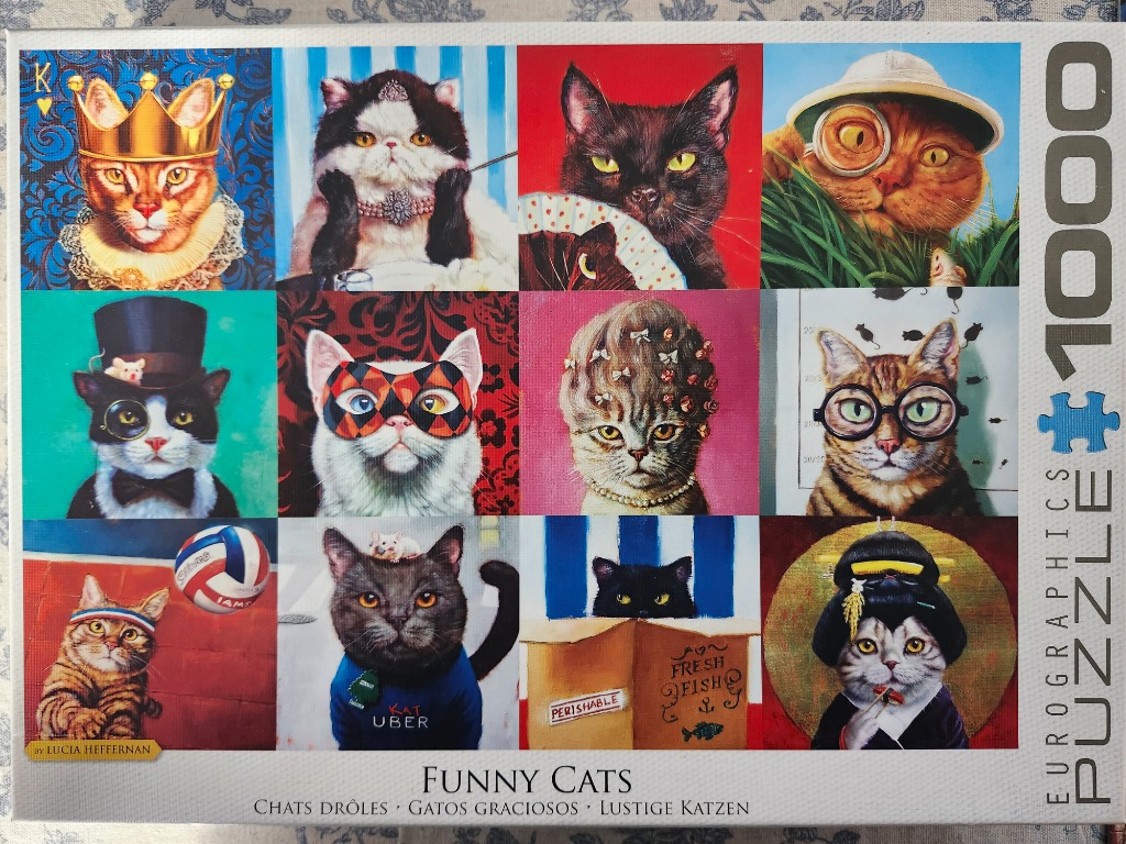 Collage of twelve stylized portraits of cats dressed in human costumes and accessories.