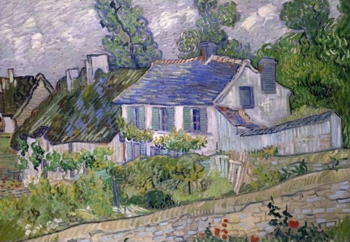 Impressionist painting of rural houses surrounded by lush greenery and a stone path