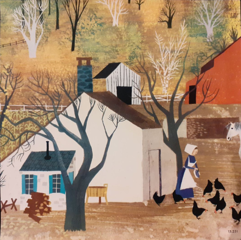 A folk-art style painting of a farmhouse, a woman in traditional clothing feeding chickens, and a white horse.