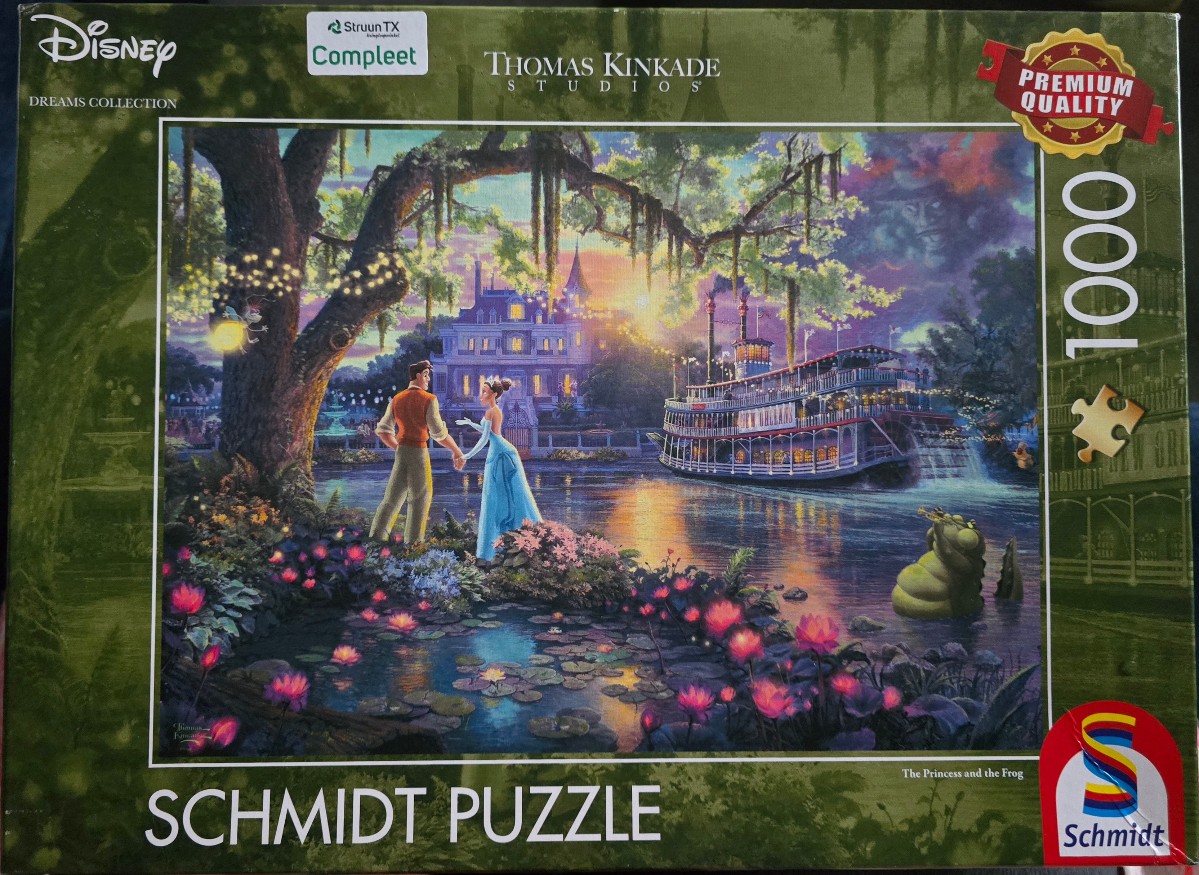 Princess Tiana and Prince Naveen standing by a bayou at sunset with a paddle-wheel steamboat in the background.