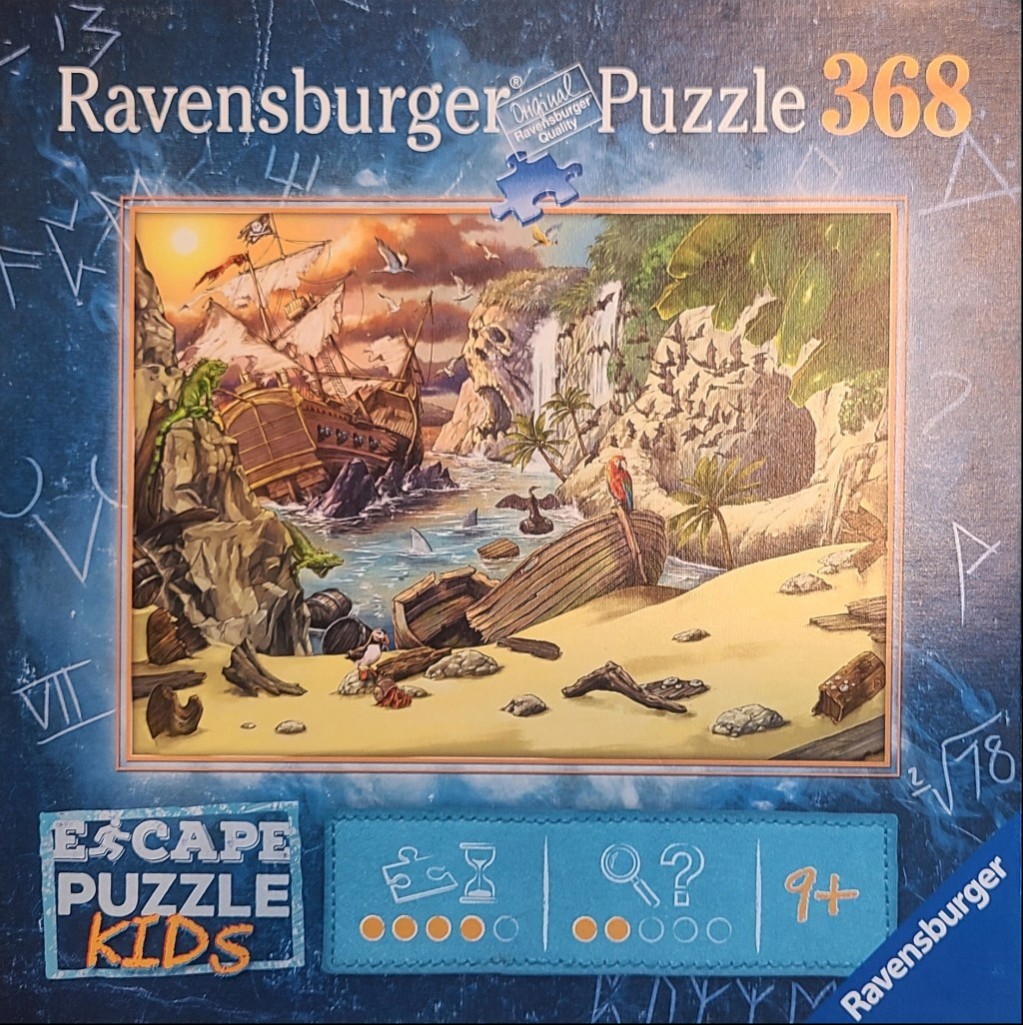 Illustration of a pirate ship wreckage on a tropical island beach with a skull-shaped rock formation.